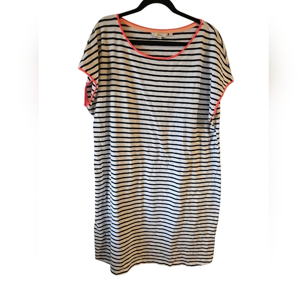 Boden sz 16 long tall white navy striped neon pink cotton dress